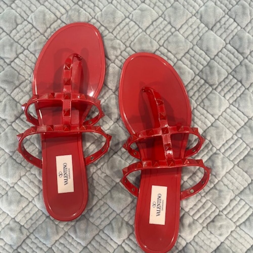 Valentino Rockstud Gladiator Thong Jelly PVC Sandals SZ 39 New Red Rosso $495